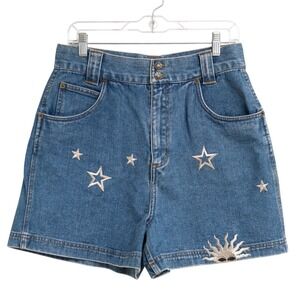 VTG KikoMo Y2K 90s Denim High Waist Shorts Celestial Sun Stars Embroidered Boho
